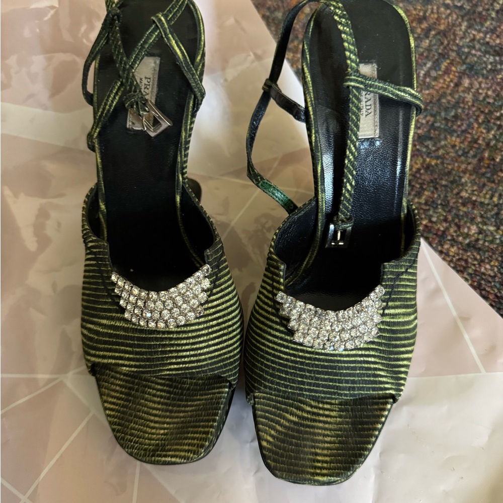 Vintage Prada Green and Black Satin Heels with Crystal Embellishment
